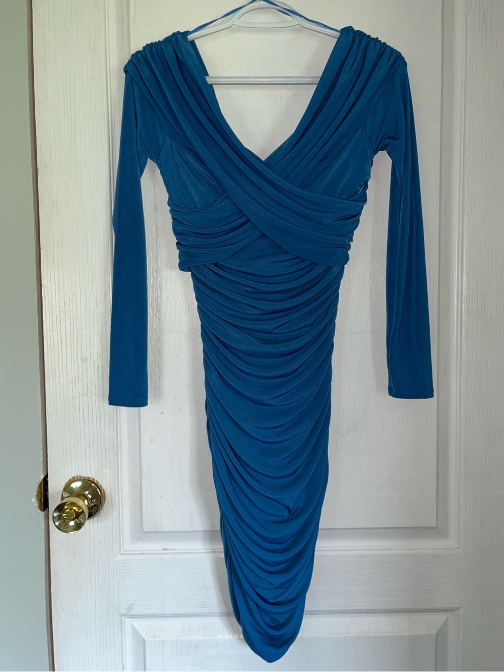 Blue Ruched Long-Sleeve V-Neck Dress
